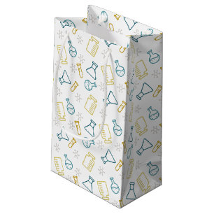 Gift bag with science icons in blue and yellow