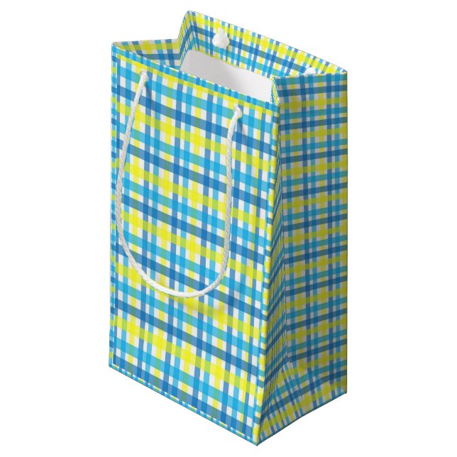 Gift Bag Yellow and Blue Plaid (Front Angled)