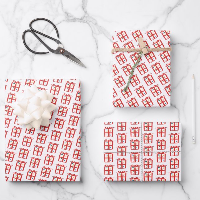 Gift Bow Doodle CHRISTMAS Holiday Red White Wrapping Paper Sheet (Front)