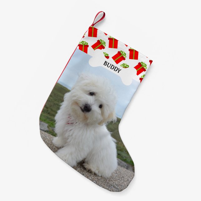 Gift Boxes Pattern Dog Bone Pet Photo Small Christmas Stocking (Front (Hanging))
