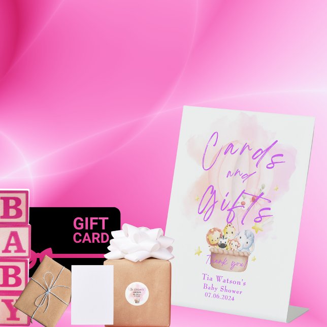 Gift Card Baby Animal Safari in Pink Hot Air  Pedestal Sign (Creator Uploaded)