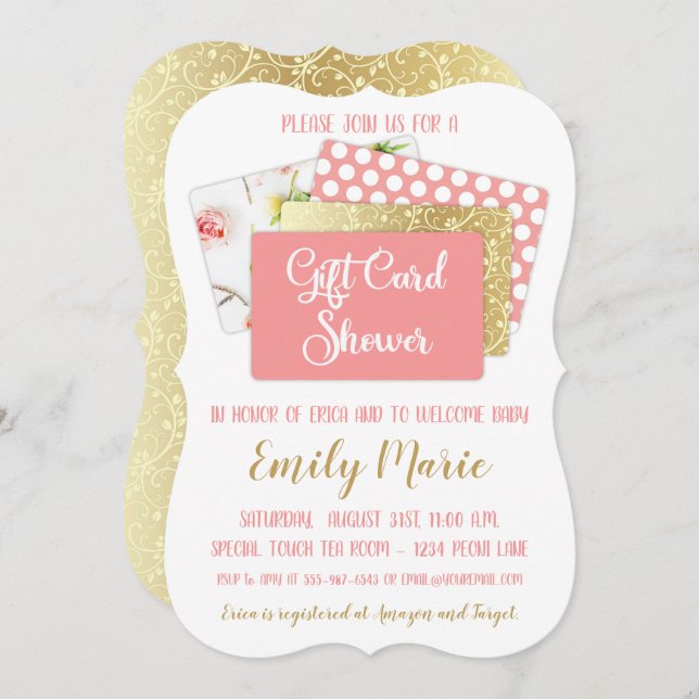 Gift Card Baby Shower Girl Pink and Gold (Front/Back)