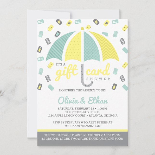 Gift Card Baby Shower Invitation, Yellow, Green (Front)