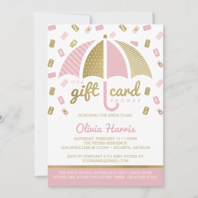 Gift Card Bridal Shower Invite, Pink, Faux Gold (Front)