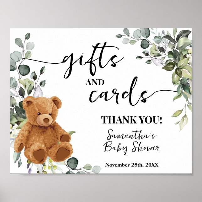 Gift & Cards Bear Greenery Eucalyptus Baby Shower Poster (Front)