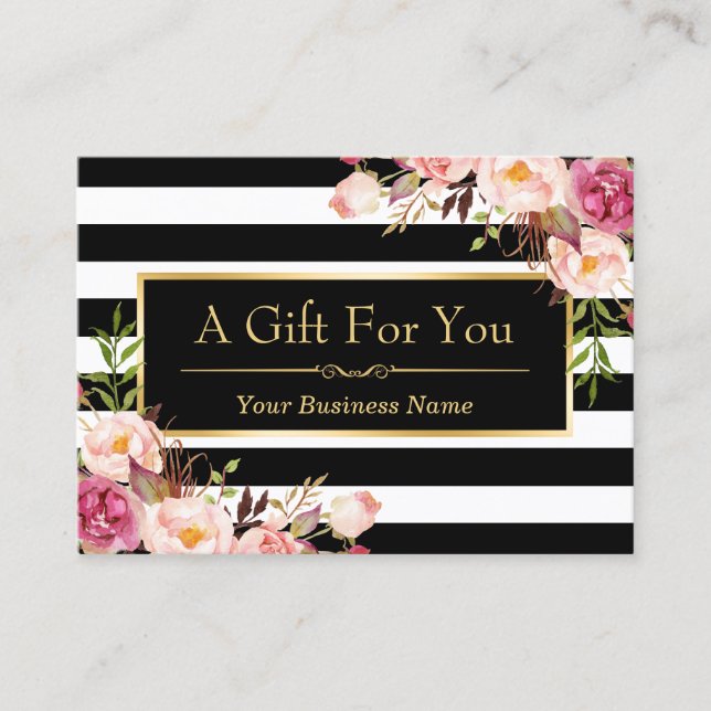 Gift Certificate Gold Floral Black White Stripes (Front)