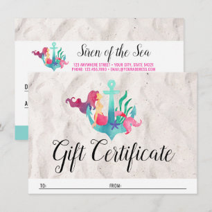 Gift Certificate Mermaid on Anchor Nautical Card