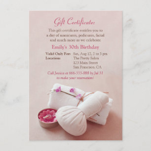 Gift Certificate Spa Birthday Party Invitations