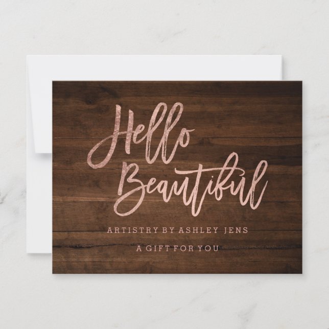 Gift certificate wood rose gold hello invitation (Front)
