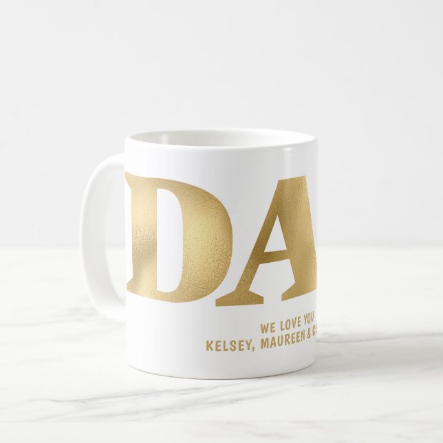 Gift for Dad with Children Names Gold Coffee Mug (Front Left)