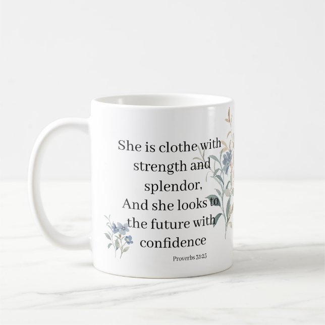 Gift for JW elder wife Personalised Proverbs 31:25 Coffee Mug (Left)