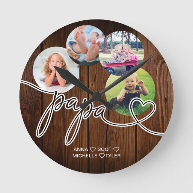 Gift for Papa Grandchildren Photo Collage Grandpa Round Clock (Front)