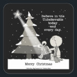 Gift Giver-Merry Christmas Square Sticker<br><div class="desc">Little Boy kneels down as he is about to put a gift under the snow-capped multi-tonal outdoor Christmas tree. He looks at a star from which a light beam shines down onto the gift where the ribbon has the word, “Believe” on it. This sweet Christmas scene features snowfall against a...</div>