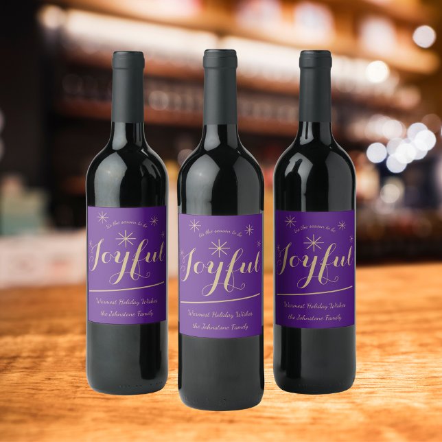 Gift Giving tis the Season to be Joyful Custom Wine Label (Make an elegant statement with these custom Joyful purple wine bottle labels.)