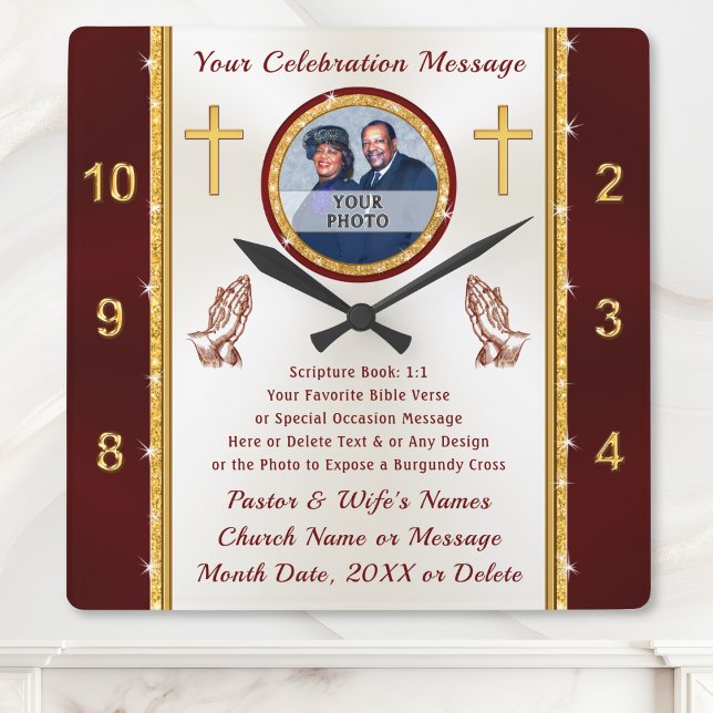 Gift Ideas for Pastor Anniversary or ANY Occasion Square Wall Clock (Christian Gifts for Pastor and Wife. Pastor and wife appreciation gifts. Church anniversary gifts.)