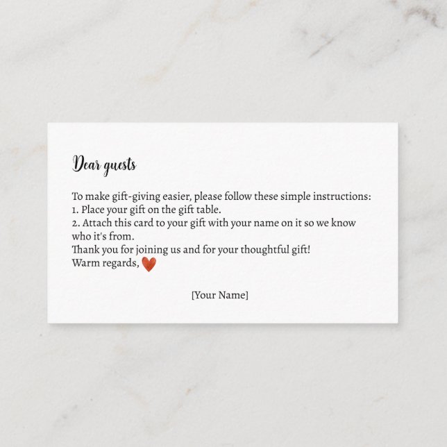 Gift Instructions Autumn Teddy Bear Baby Shower Enclosure Card (Back)