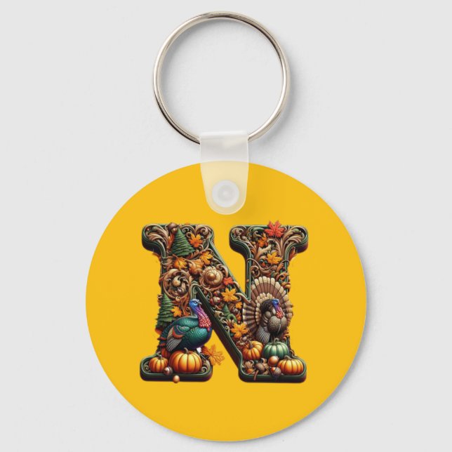 Gift Letter N Thanksgiving style  Key Ring (Front)