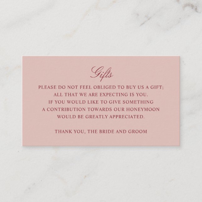 Gift Registry Honeymoon Burgundy Wedding Rose  Enclosure Card (Front)