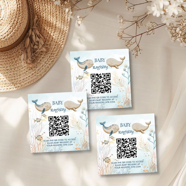 Gift Registry QR Code Blue Beige Whale Baby Shower Enclosure Card (Baby Registry qr code enclosure cards  from the Whale Baby Shower Collection by Darling & May)