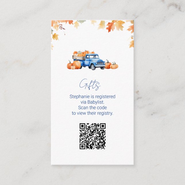  Gift Registry QR Code Blue Truck Little Pumpkin  Enclosure Card (Front)