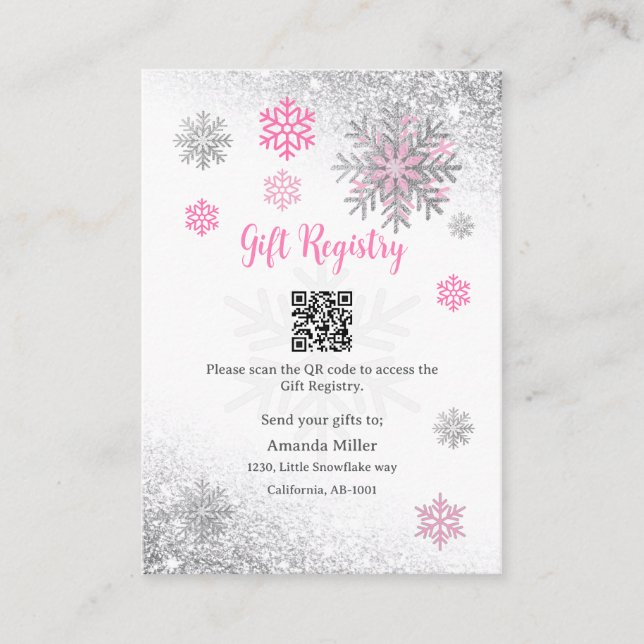 Gift Registry Snowflake Winter Baby Shower QR Code Enclosure Card (Front)