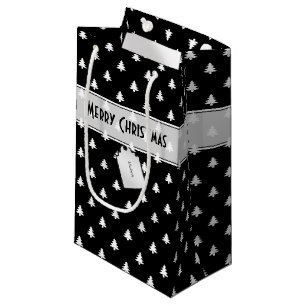 Gift Tag Name: Merry Christmas Black Tree Pattern Small Gift Bag