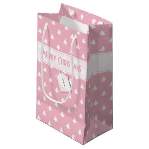 Gift Tag Name: Merry Christmas Pink Tree Pattern Small Gift Bag