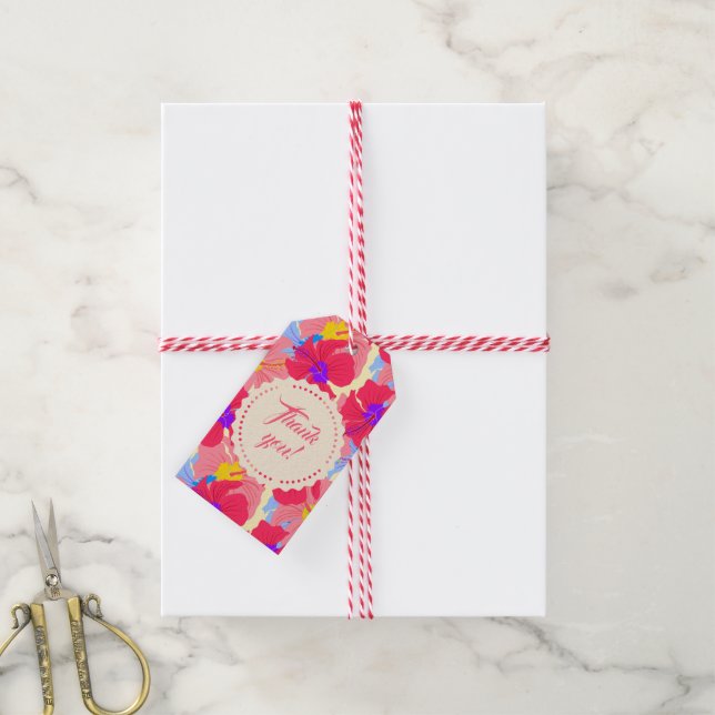 Gift tag with floral pattern with hibiscus (With Twine)