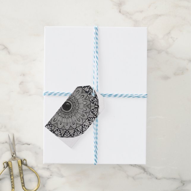 gift tag with monochrome mandala art (With Twine)