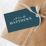 Gift Tags | Modern Minimal Your Name Trendy Blue<br><div class="desc">Add a touch of modern elegance to your gifting with these stylish trendy blue gift tags. Featuring the phrase “with love the” and your surname in classic serif typography paired with a delicate handwritten script font in white, these tags create a refined, personal finish for any occasion. The soft green...</div>