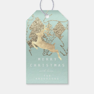 Gift To Reindeer Aqua Gold Christmas Tree Tags