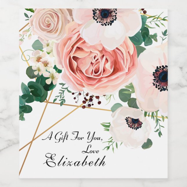 Gift To You Elegant Pink Flowers Personalise Wine Label (Single Label)