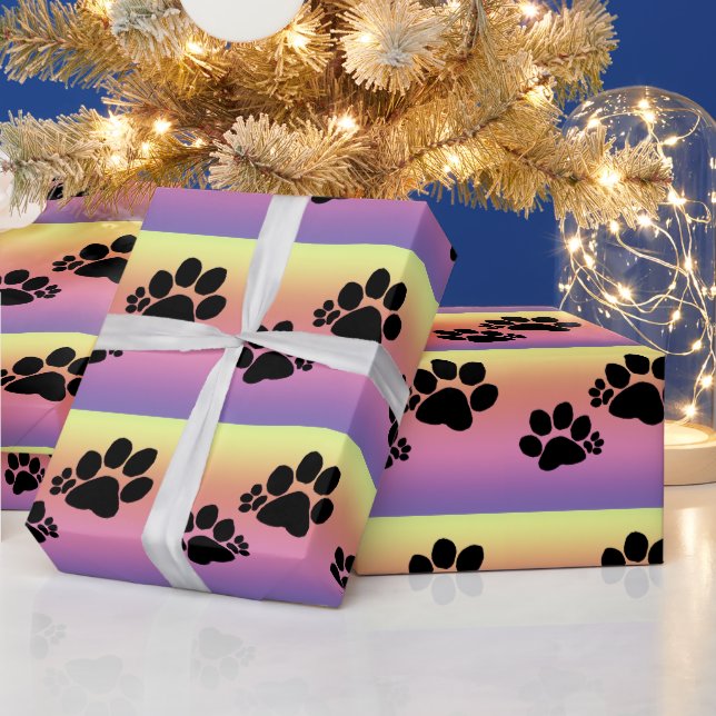 Gift Wrap - Polydactyl Paw Prints on Rainbow (Holidays)