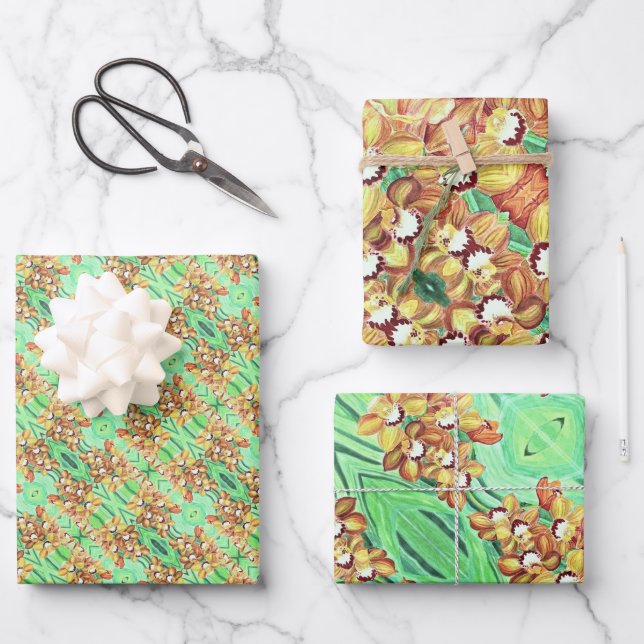 Gift Wrap Sheet Set - Orange & Yellow Orchids (Front)