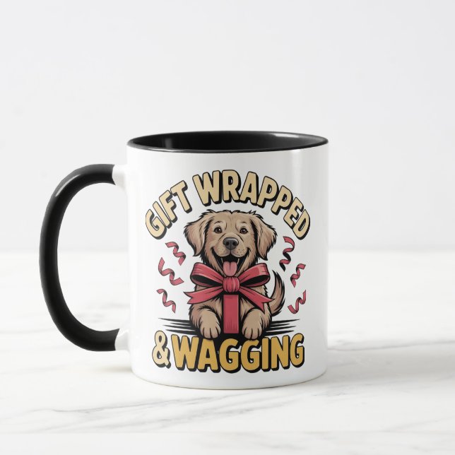 Gift Wrapped & Wagging Retriever Christmas Mug (Left)