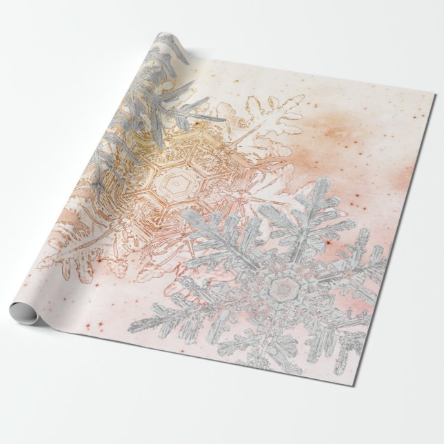 GIFT WRAPPING BENTLEY SNOWFLAKES PEACH AND GREY WRAPPING PAPER (Unrolled)