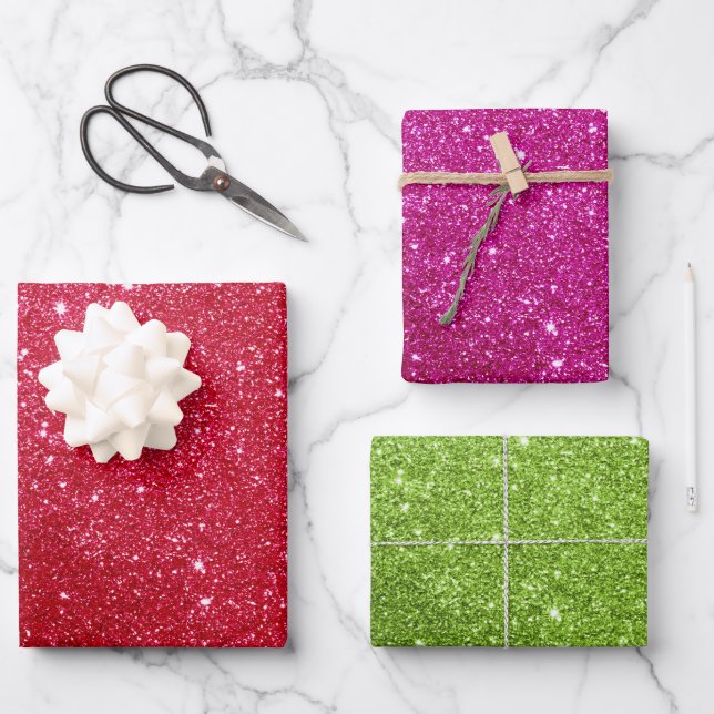 Gift Wrapping Paper: Red, Pink & Green Glitter Paper Sheet (Front)