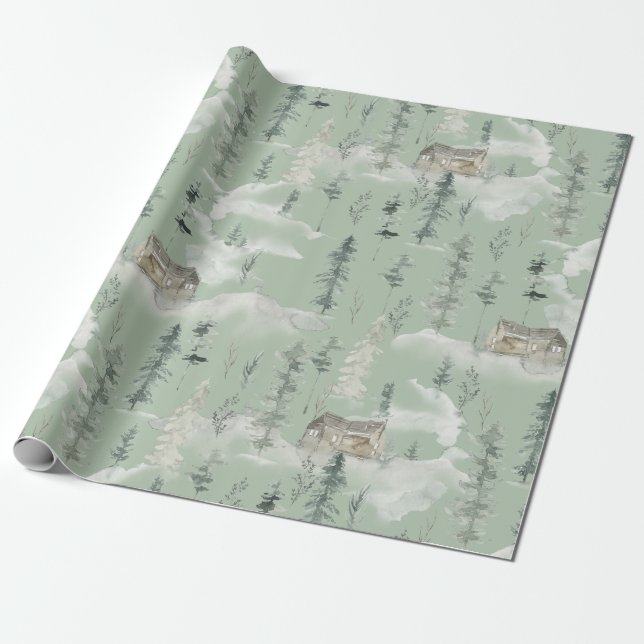 Gift Wrapping Paper Woodland Mountain Cabin 2 (Unrolled)