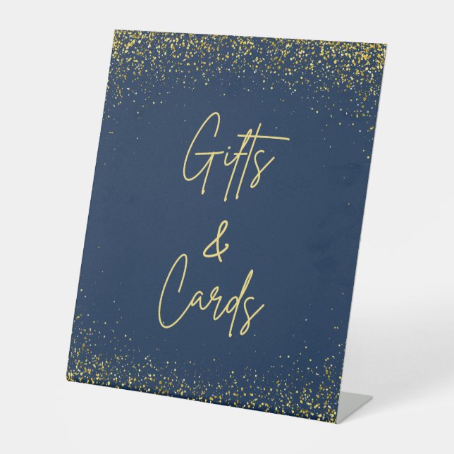 Gifts and Cards Pedestal Sign Navy Gold Confetti (Front)