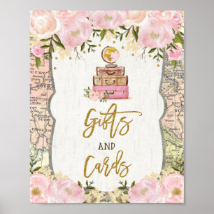 Gifts Cards Travel Map Bridal Shower Vintage Peony Poster