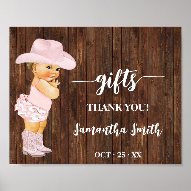 Gifts Little Pink Cowgirl Western Baby Shower Sign (Front)