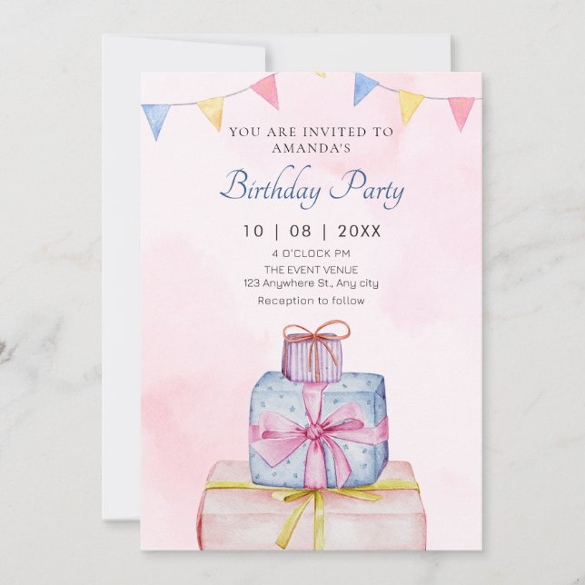 Gifts pastel pink blue birthday invitation (Front)