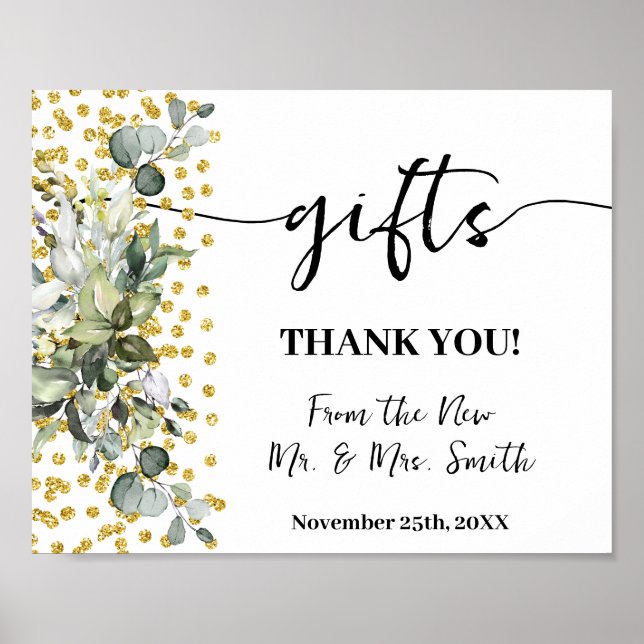 Gifts Sign Bridal Shower Wedding Eucalyptus Gold (Front)