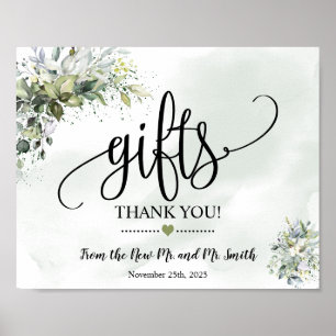 Gifts sign shower wedding reception eucalyptus
