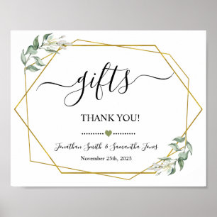 Gifts sign shower wedding reception greenery gold