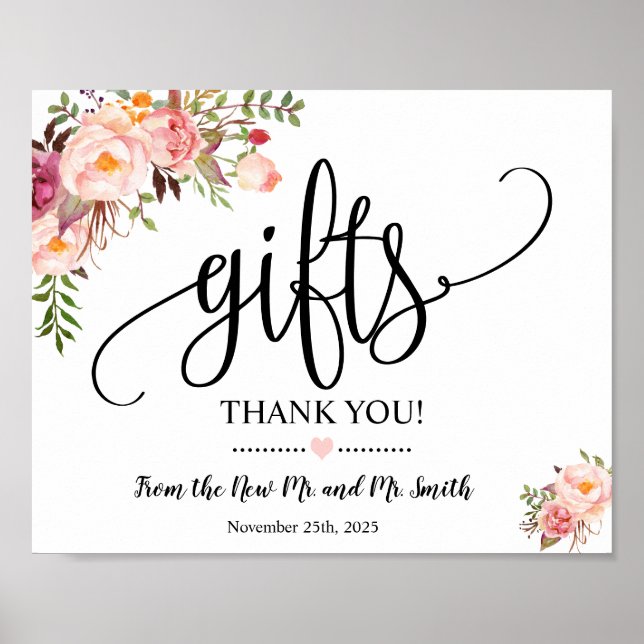 Gifts sign shower wedding reception pink floral (Front)