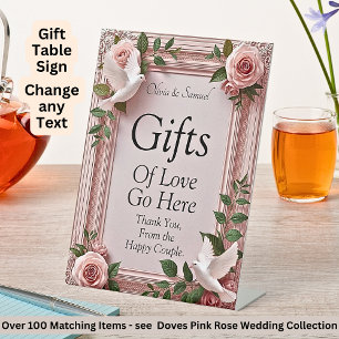 Gifts Table Doves Pink Roses Wedding   Pedestal Sign