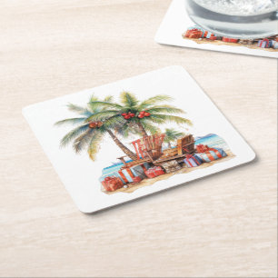 Gifts under the palm tree square paper coaster
