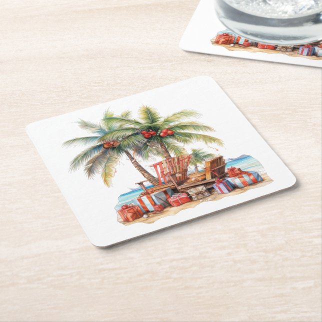 Gifts under the palm tree  square paper coaster (Angled)