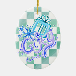 Gifty Time Blue Purple Checkerboard Oval  Ceramic Ornament